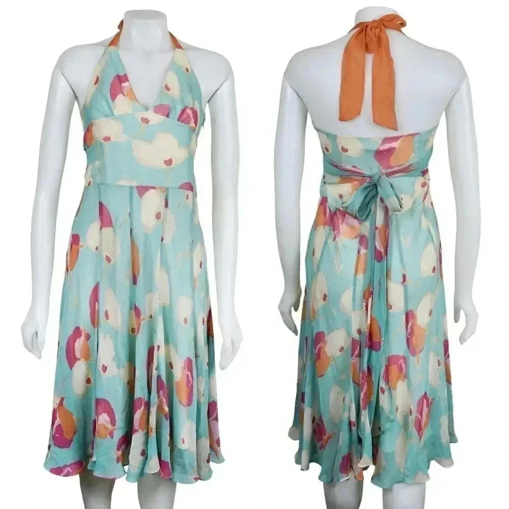 Bcbg Max Azria Silk Floral Halter  Dress Turquoise Orange Size 8